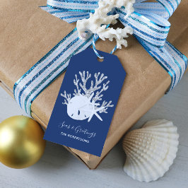 Kuststrand kerstmarineblauw cadeaulabel