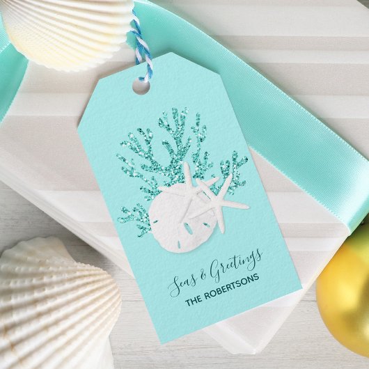 Kuststrand Kerstmis Aqua Blue Cadeaulabel