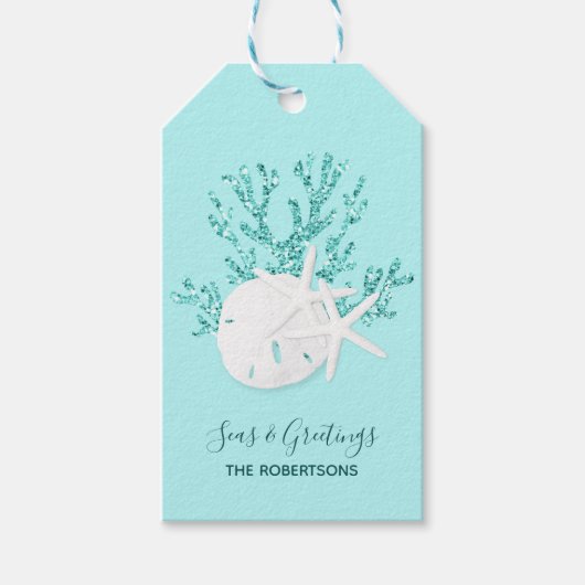 Kuststrand Kerstmis Aqua Blue Cadeaulabel (Voorkant)