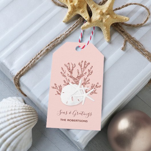 Kuststrand kerstmis Roos Gold Pink Cadeaulabel