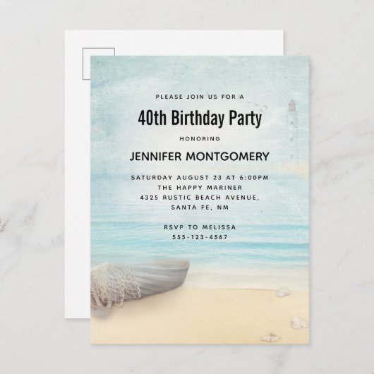 Kuststrand met Boat en vuurtoren Uitnodiging Briefkaart (Voorkant / Achterkant)