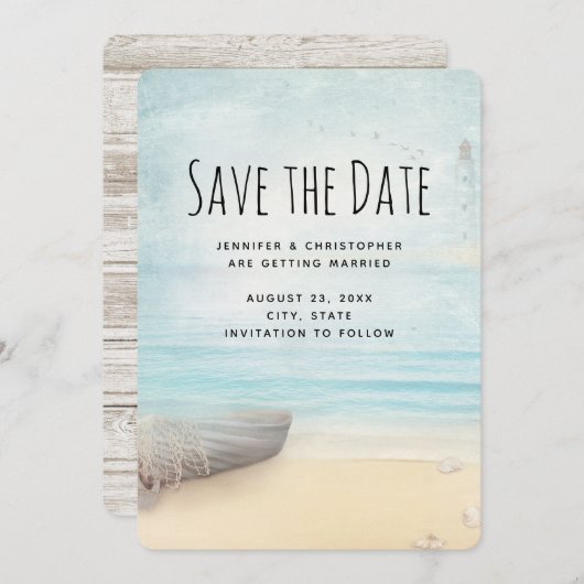 Kuststrand met bruiloft op zee save the date (Voorkant / Achterkant)