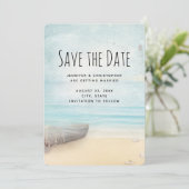 Kuststrand met bruiloft op zee save the date (Staand voorkant)