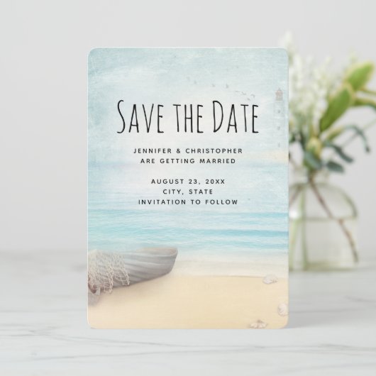Kuststrand met bruiloft op zee save the date (Staand voorkant)