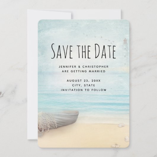 Kuststrand met bruiloft op zee save the date (Voorkant)