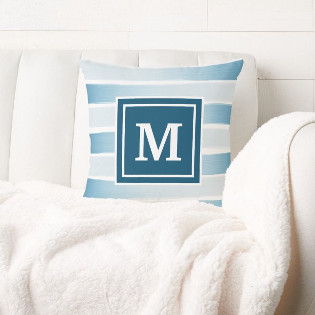 Kuststrand Monogram Blauw Witte Nautilus Streep Kussen (Creator heeft geüpload)
