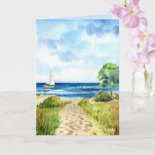 Kuststrand Ocean Scene met zeilboot Shoreline Kaart (Orchidee)