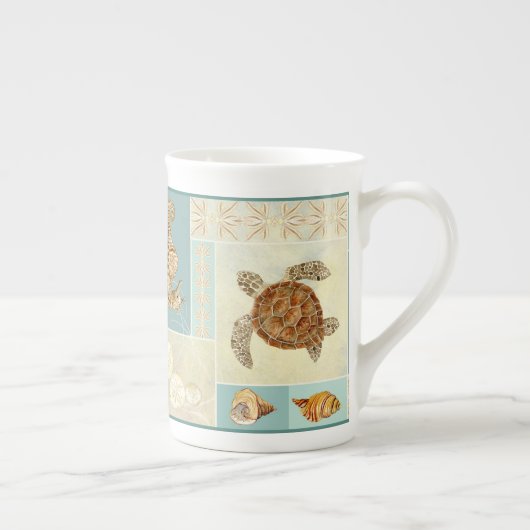 Kuststrand Ocean Seashore Collage Zee Turtle Porselein Kop (Rechts)