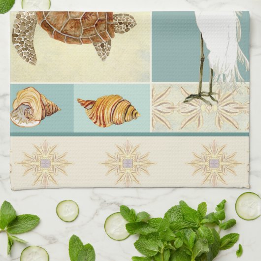 Kuststrand Ocean Seashore Collage Zee Turtle Theedoek (Gevouwen)