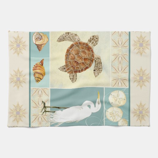 Kuststrand Ocean Seashore Collage Zee Turtle Theedoek (Horizontaal)