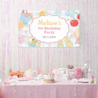 Kuststrand Pastel Doodle Meisjes Verjaardag Spandoek