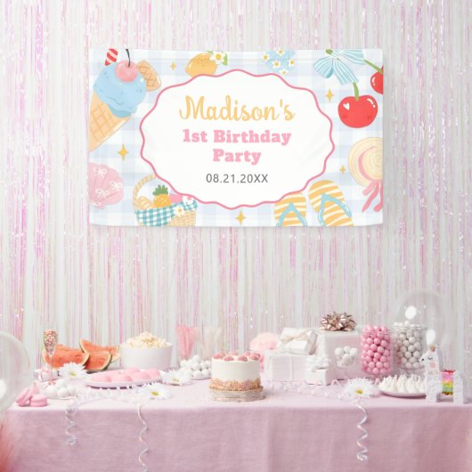 Kuststrand Pastel Doodle Meisjes Verjaardag Spandoek (Feest)