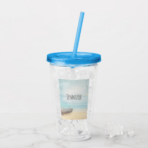 Kuststrand Scene met houten roeiboot Acryl Drinkbeker
