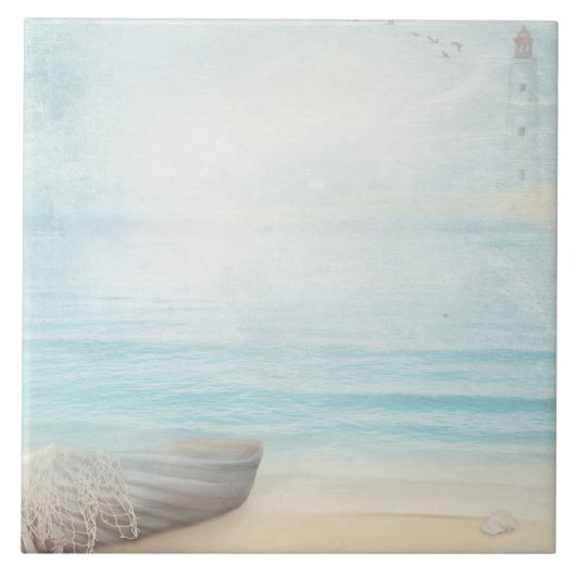 Kuststrand Scene met houten roeiboot Tegeltje (Voorkant)