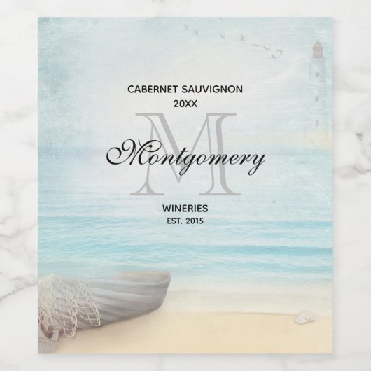 Kuststrand Scène nautische wijn maken Etiket (Enkel label)