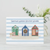 Kuststrand warme wensen strandhuisjes vakantie feestdagenkaart (Staand voorkant)