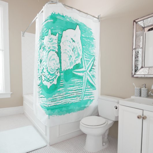 kuststrand waterverf blauwgroen zeeschildpad douchegordijn (In situ)