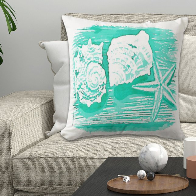 kuststrand waterverf blauwgroen zeeschildpad kussen (coastal beach watercolor teal seashell starfish throw pillow)