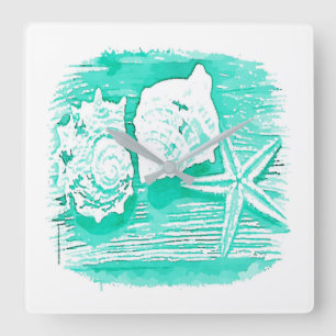 kuststrand waterverf blauwgroen zeeschildpad vierkante klok