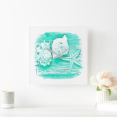 kuststrand waterverf blauwgroen zeeschildpad vierkante klok (Huis)