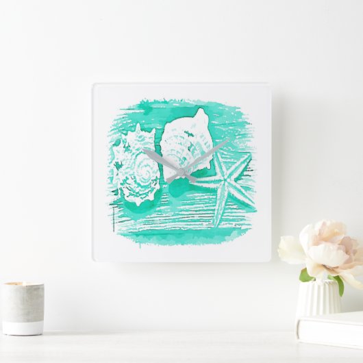 kuststrand waterverf blauwgroen zeeschildpad vierkante klok (Huis)