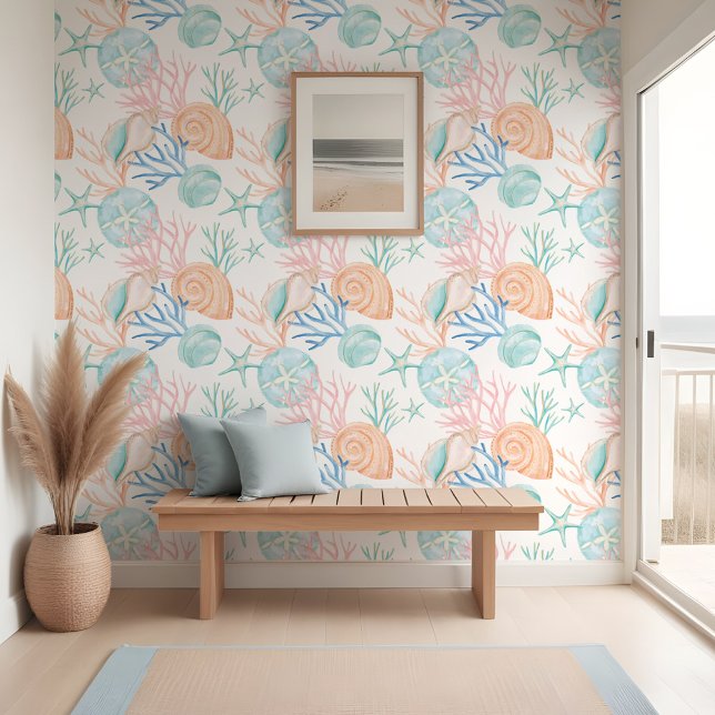 Kuststrand Waterverf Oceaan Zeeschelpen & Koraal Behang (https://www.zazzle.com/coastal_beach_watercolor_ocean_seashells_coral_wallpaper-256803777677278244)