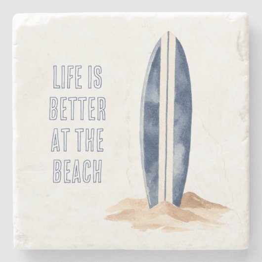 Kuststrand Zand Blauw Wit Surfplank Stenen Onderzetter (Voorkant)
