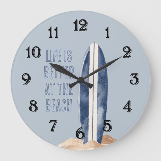 Kuststrand Zand Blauw Witte Surfplank Grote Klok (Voorkant)