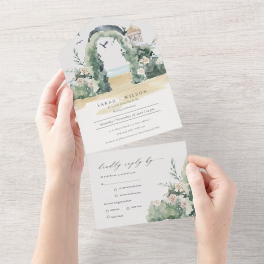 Kuststrand Zee Beach Floral Arch Botanical Wedding All In One Uitnodiging (Afscheurbaar)