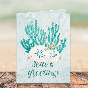 Kuststrand ZEEEN en koudebanden Turquoise Glitter Feestdagen Kaart