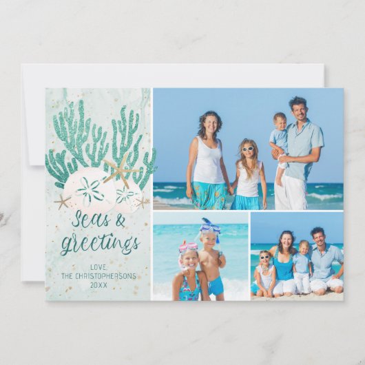 Kuststrand ZEEEN en koudebanden Turquoise Glitter Feestdagenkaart (Voorkant)