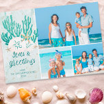 Kuststrand ZEEEN en koudebanden Turquoise Glitter Feestdagenkaart<br><div class="desc">Kustfotocollage, strandfotocollage of tropische kerstfeestdagen met drie afbeeldingen die de groet ZEEEN EN GREETINGS bevatten in de moderne kalligrafie van het script in turquoise, aqua en blauwgroen waterverf met koraal, zeester en zand dollars geaccenteerd met faux glitter. BIJSTAND: Voor hulp bij ontwerpwijziging of personalisatie, kleurverandering, het formaat wijzigen, het ontwerp...</div>