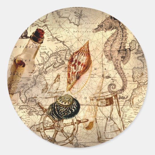 Kuststrand zeesterren schelp nautische kaart ronde sticker (Voorkant)