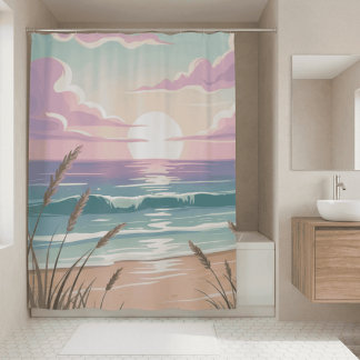 Kuststrand Zonsondergang Waterverf Pastel Zee Gras Douchegordijn