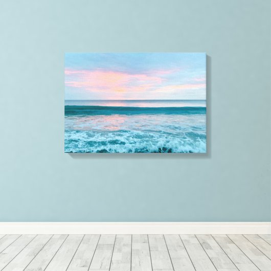 Kuststrand zonsopgang blauw roze groen canvas kuns (Insitu (Houten vloer))