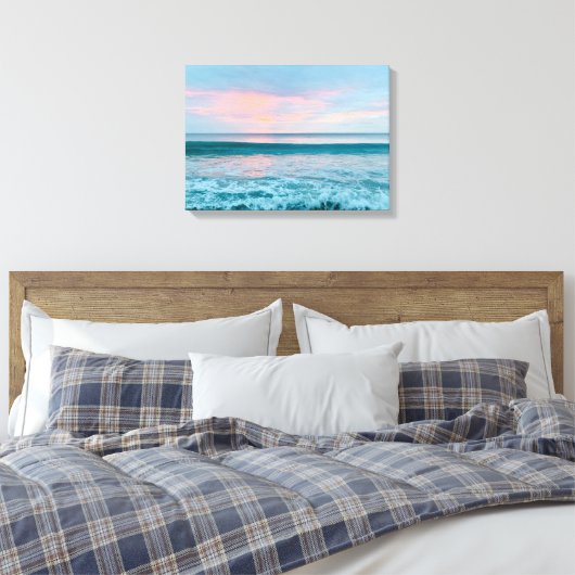 Kuststrand zonsopgang blauw roze groen canvas kuns (Insitu (Slaapkamer))