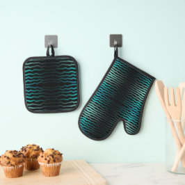 Kuststrand Zoute Turquoise golven Abstracte kunst Ovenwant & Pannenlap Set