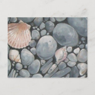 Kuststrandkeien en schelpen schilderij print briefkaart