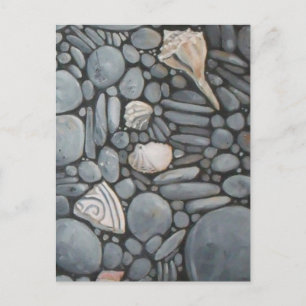 Kuststrandkeien en schelpen schilderij print briefkaart