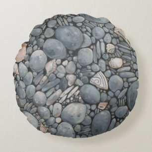 Kuststrandkeien en schelpen Schilderij Print Rond Kussen