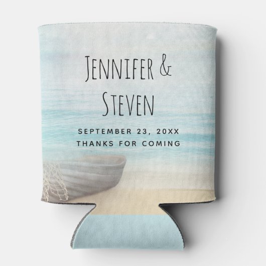 Kuststrandscène met houten roeiboot bruiloft blikjeskoeler (Achterkant)