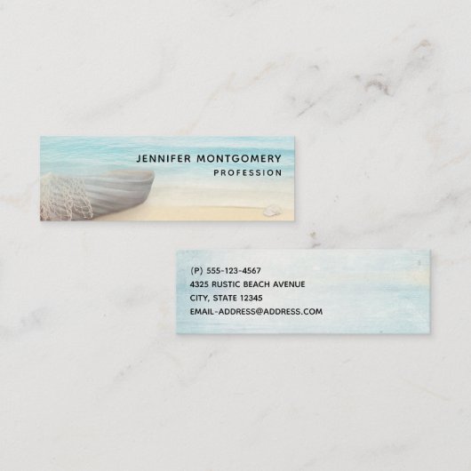 Kuststrandscène met houten roeiboot Mini Business Mini Visitekaartje (Voorkant / Achterkant)