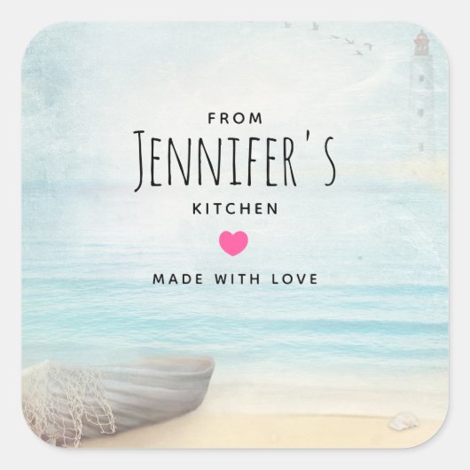 Kuststrandscène met houten roeibootkeuken vierkante sticker (Voorkant)