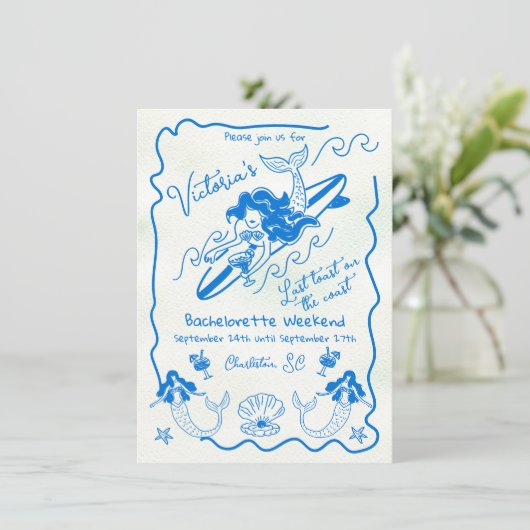 Kustsurfen zeemeermin vrijgezellenweekend kaart (Staand voorkant)