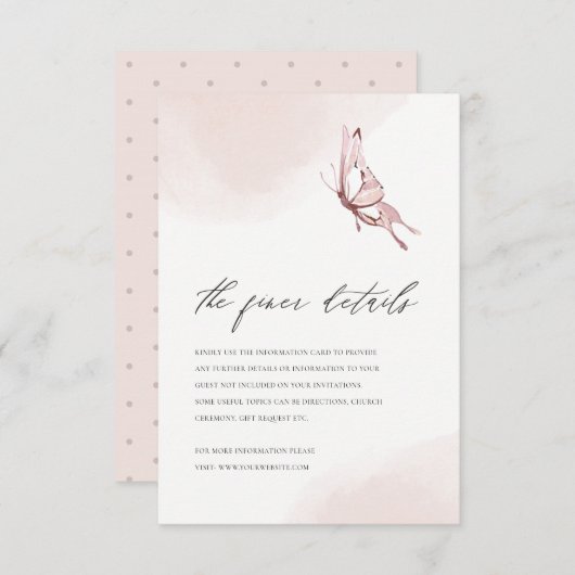 KUSTTE BLUSH WATERVERF BUTTERFLY WEDDING DETAILS INFORMATIEKAARTJE (Voorkant / Achterkant)