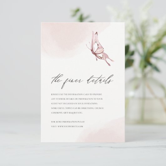 KUSTTE BLUSH WATERVERF BUTTERFLY WEDDING DETAILS INFORMATIEKAARTJE (Staand voorkant)