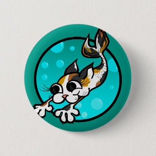 KUSTTE CARTOON CAT MERMAID ROUND PIN BACK BUTTON