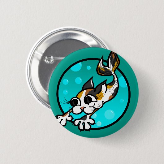 KUSTTE CARTOON CAT MERMAID ROUND PIN BACK BUTTON (Voorkant /achterkant)