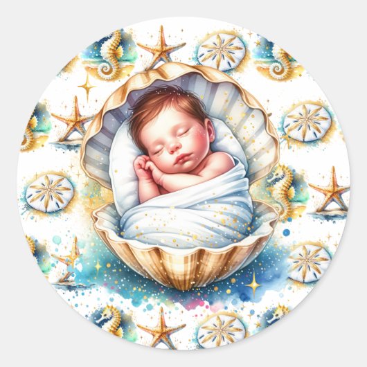 Kustthema Beachy Boy's Baby shower Ronde Sticker (Voorkant)