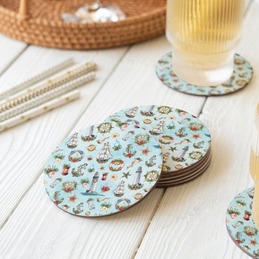 Kustthema Nautical kerstvuurtoren Beach Ronde Kartonnen Onderzetter